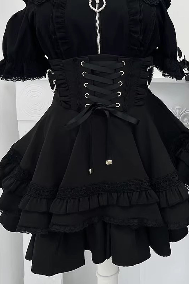 Stand Collar Sleeveless Ruffled Lace-Up Skirt and Blouse Set