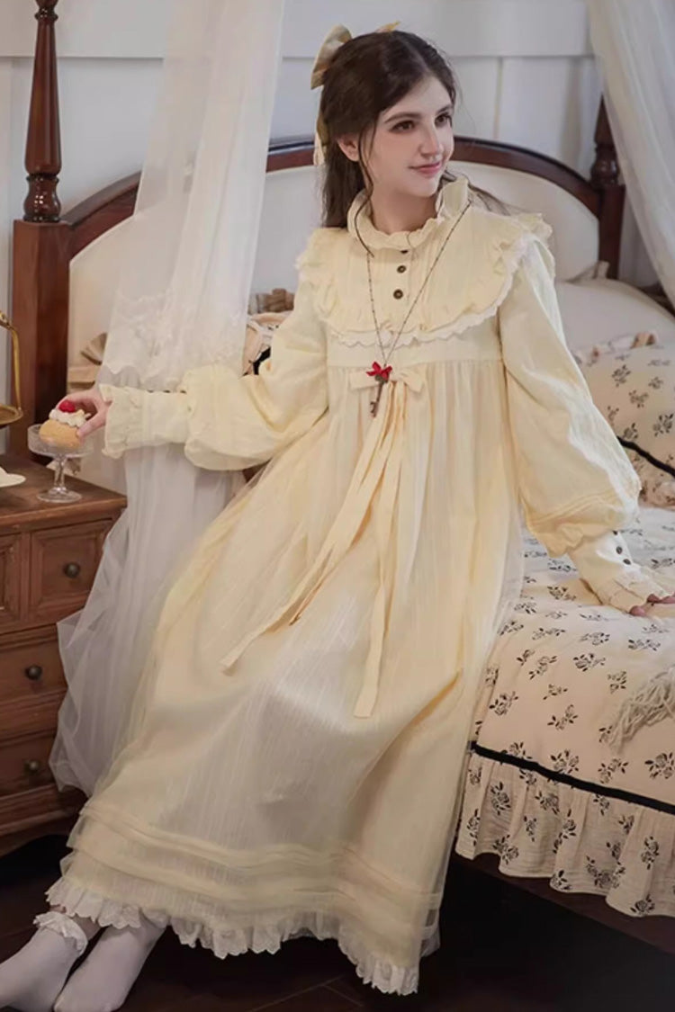Ivory Sweet Nightgown with Ruffled Bow and Long Sleeves