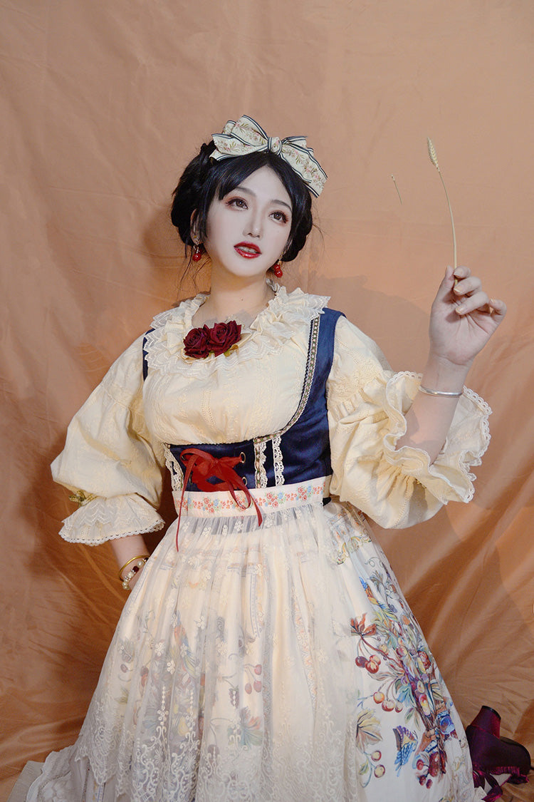 Cream Ode to Plenty Berry Bird Print Velvet Bow Frilled Classic Lolita Corset JSK Dress