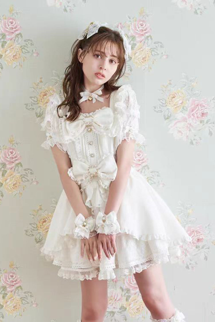Cute Square-Neck Bow-Trimmed Short-Sleeve Lace Dress Set in Three Colors