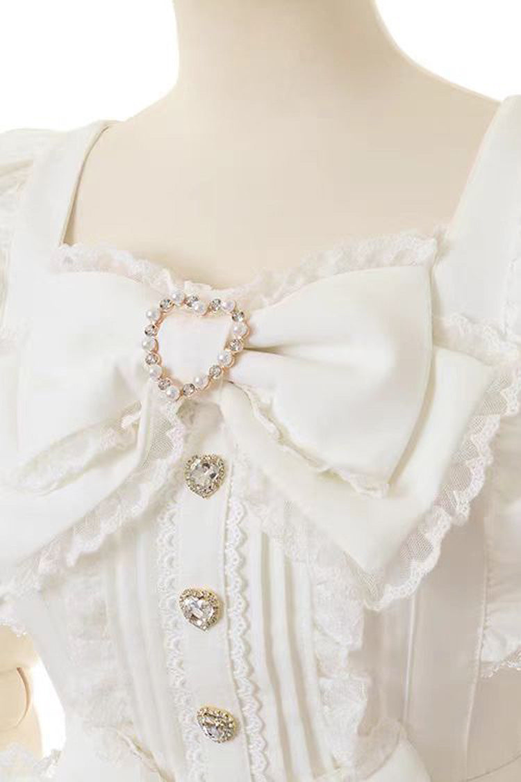 Cute Square-Neck Bow-Trimmed Short-Sleeve Lace Dress Set in Three Colors