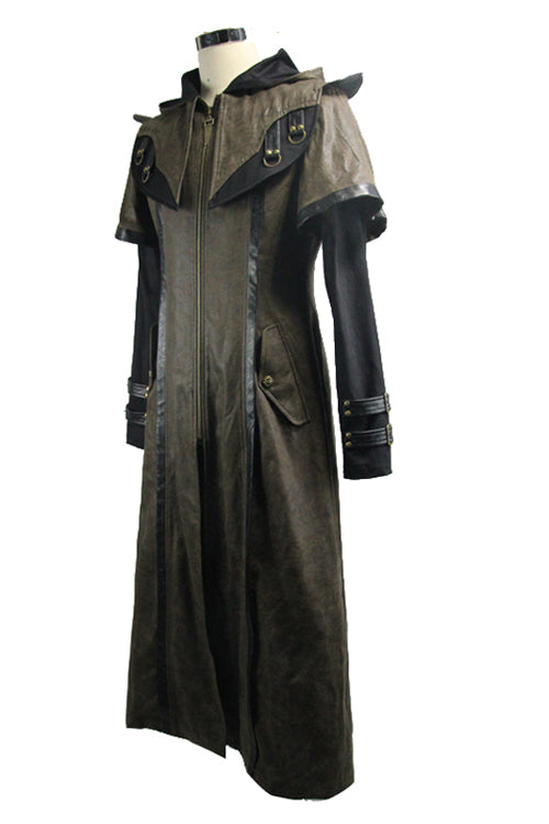 Steampunk Hooded Leather Coat with Dual Sleeves, Brown