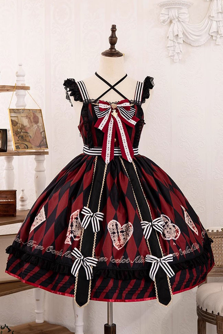 Crimson & Noir Heart Print Bow Accent Sweet Lolita Jumper Dress