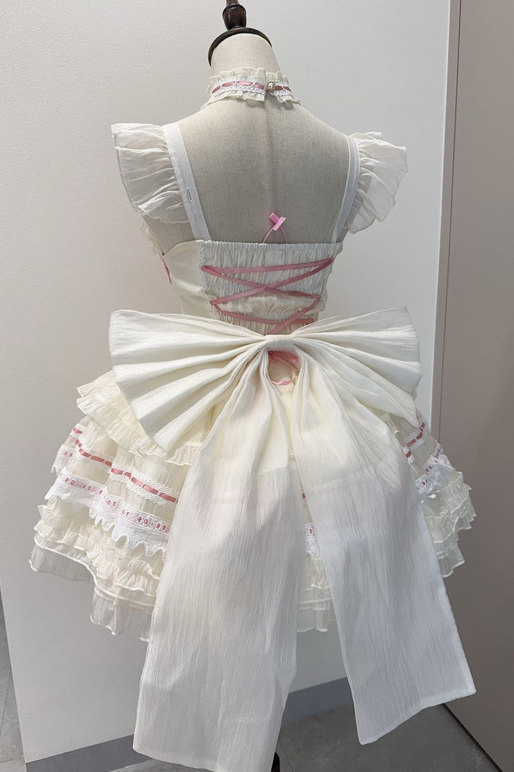 Sleeveless Multi-Layer Ruffle Bow Lace Sweet Princess Ballet Lolita Jumper Dress - Apricot Pink