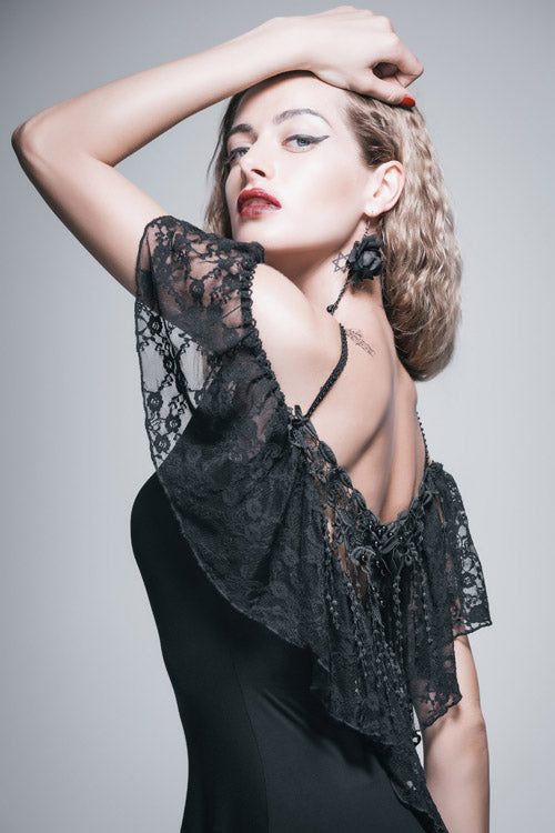 Long Gothic Tee with Rose Lace and Tassel Back
