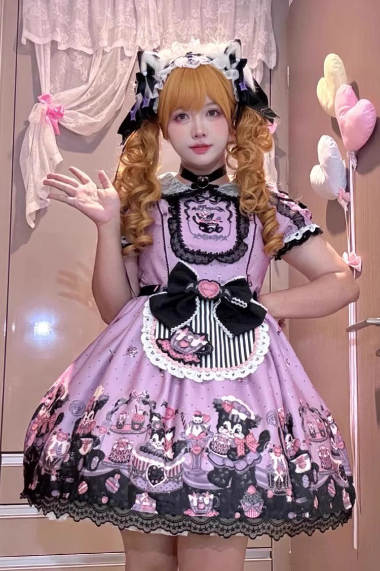 Devil Cat Violet Print Ruffle Bowknot Lace Gothic OP Dress Plus Size - Devil Cat