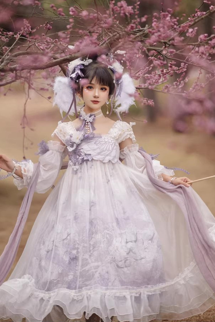 Ivory and Purple Square Neck High-Waist Printed Ruffled Lace Pearl-Trimmed Sweet Chinese Lolita JSK