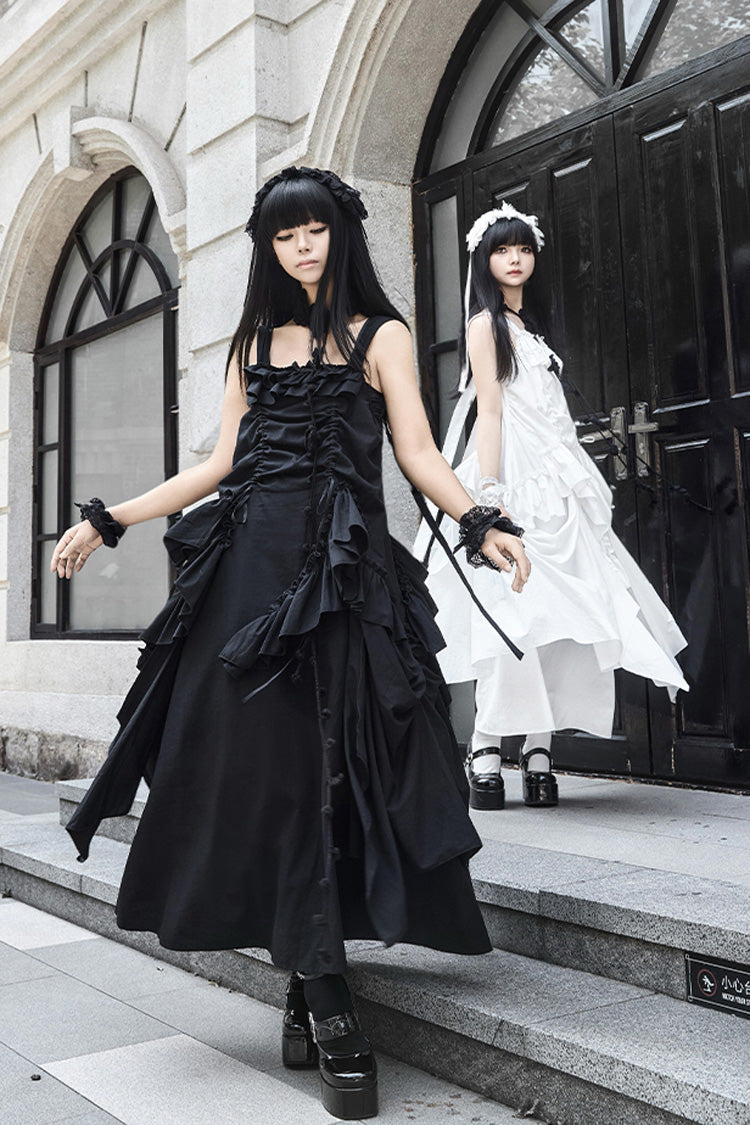 Ivory Gothic Strap Dress with Sleeveless Ruffles - Dream