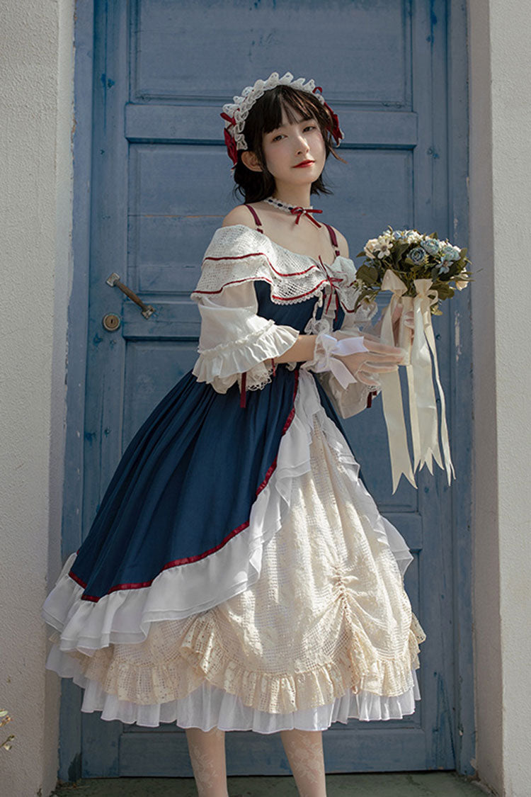 Blue and White Sweet Lolita Cardigan with Bowknot and Long Sleeves