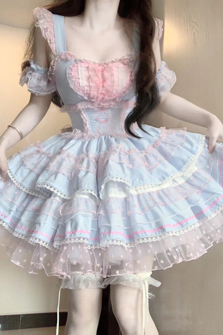 Blue Pink Pray Multi-Layered Ruffled Lace Sweet Princess Jsk Dress