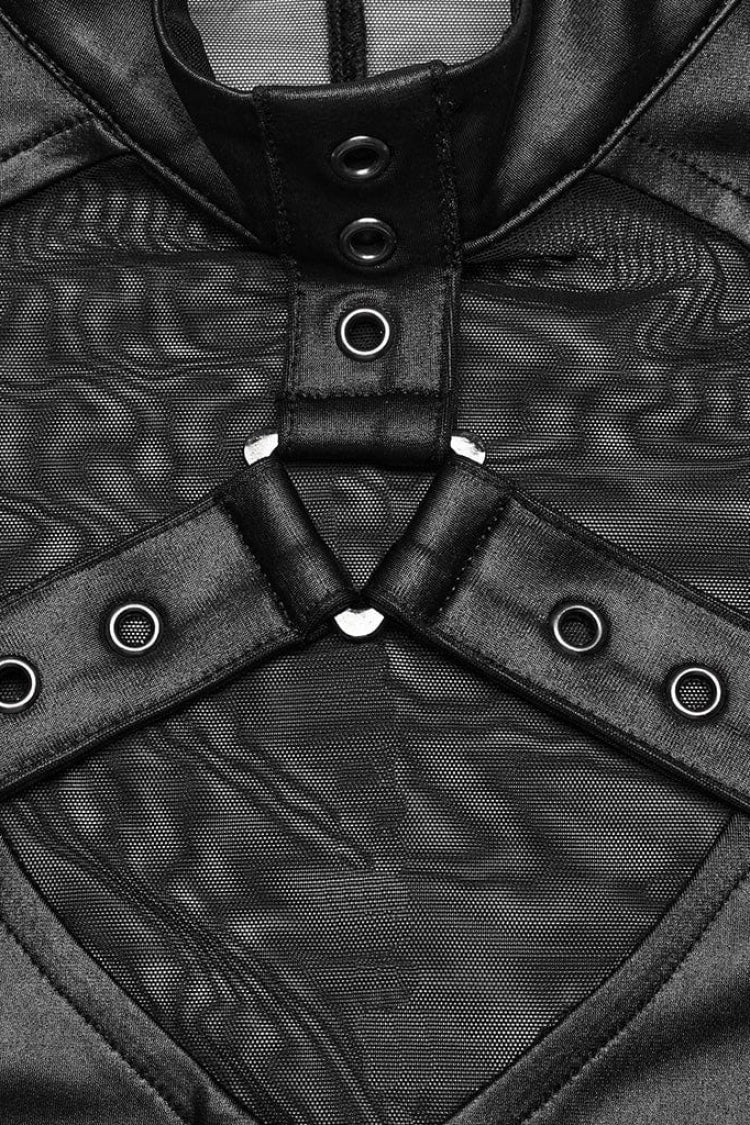 Pitch-Black Sheer Vest with Leather Stitch Details