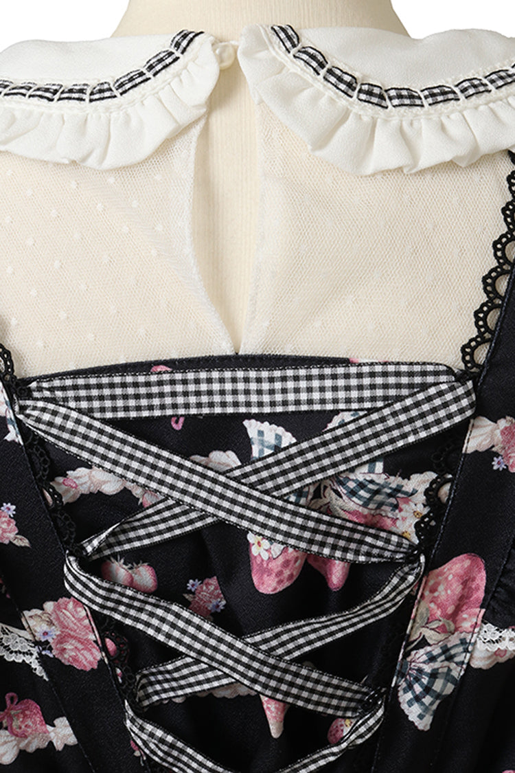 Charcoal Printed Puff-Sleeve Ruffled Lace-Up Sweet Dress - Creamy Berry