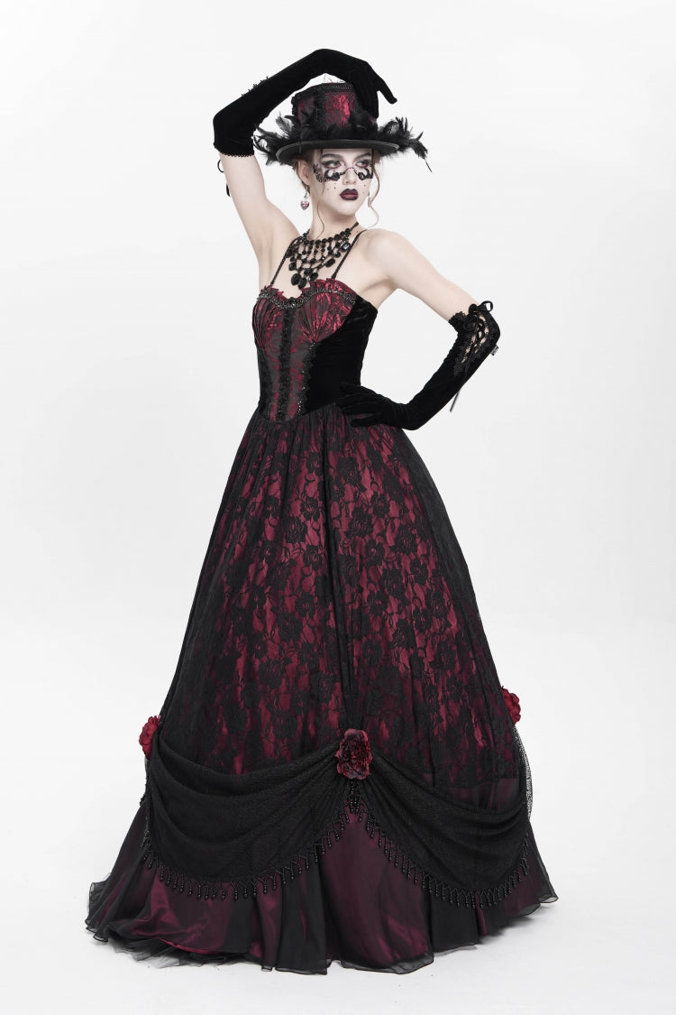 Scarlet Beaded Floral Embroidered Gothic Long Slip Dress
