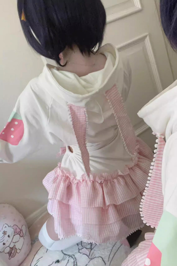Ivory & Pink Long-Sleeve Triple Strawberry Print Hooded Sweet Lolita Dress