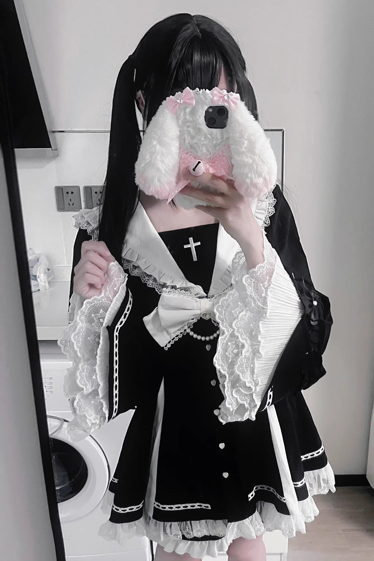 Sweet Square-Collar Bow Lace Pearl Jirai Kei Dress & Short Set