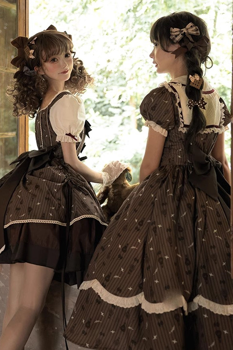Brown Print Bow Sweet Elegant Princess Dress - Hot Air Balloon
