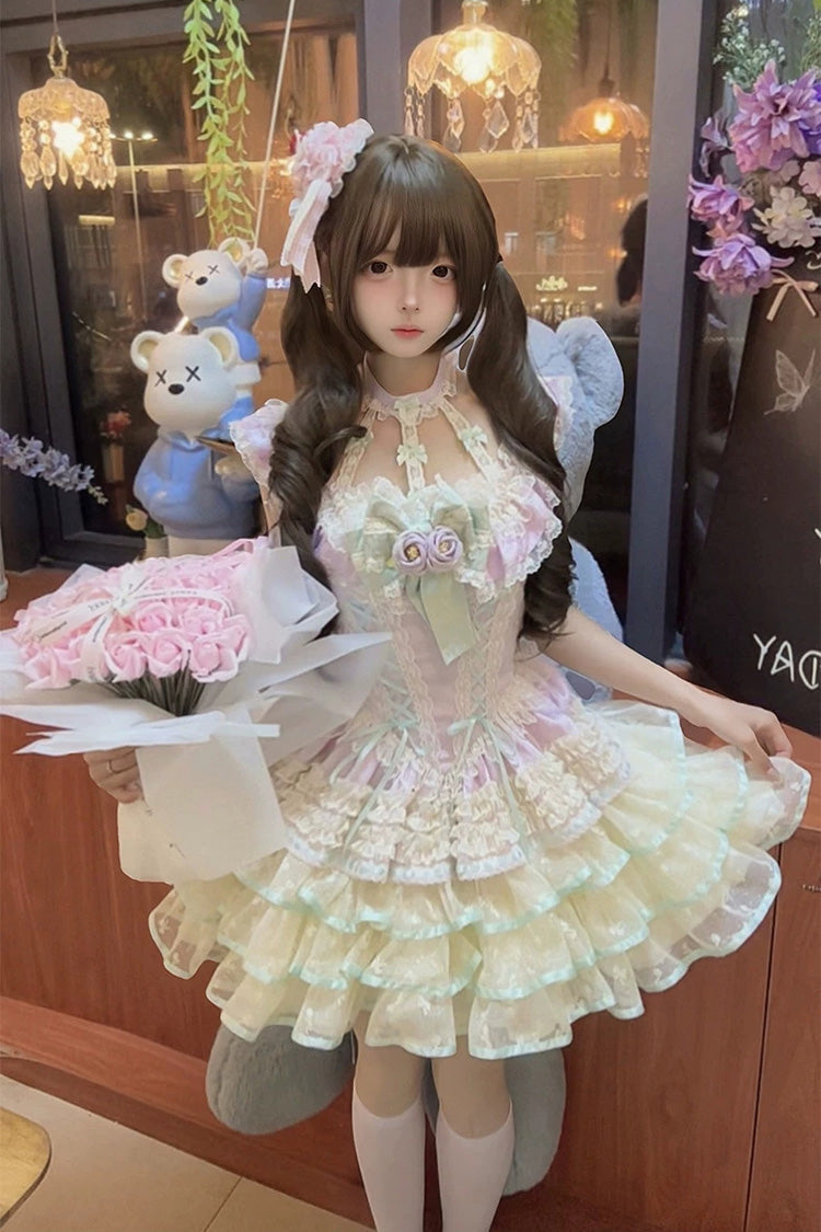 Flower Language of Eros Violet Halterneck Ruffle Bowknot Rose Lace-Up Ballet Lolita JSK - Flower Language of Eros