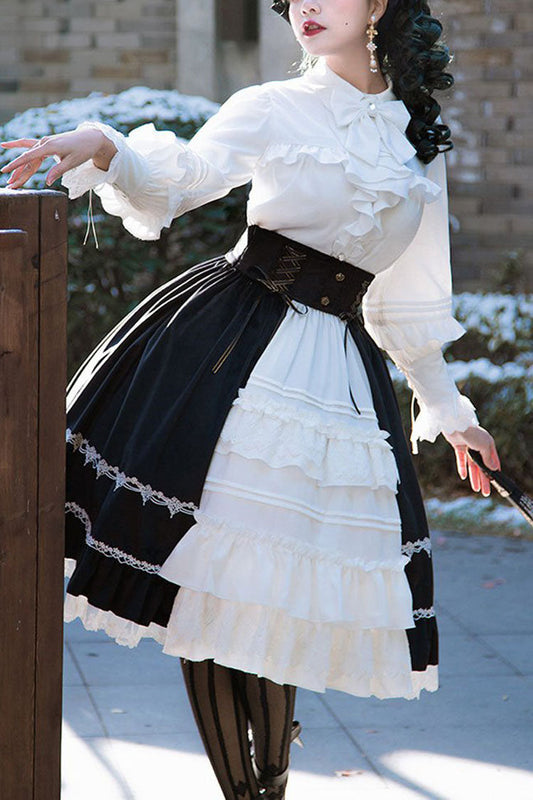 White/Black Gothic Lolita Skirt Dress Stitching Cardigan Ruffled - Altfashion Shop