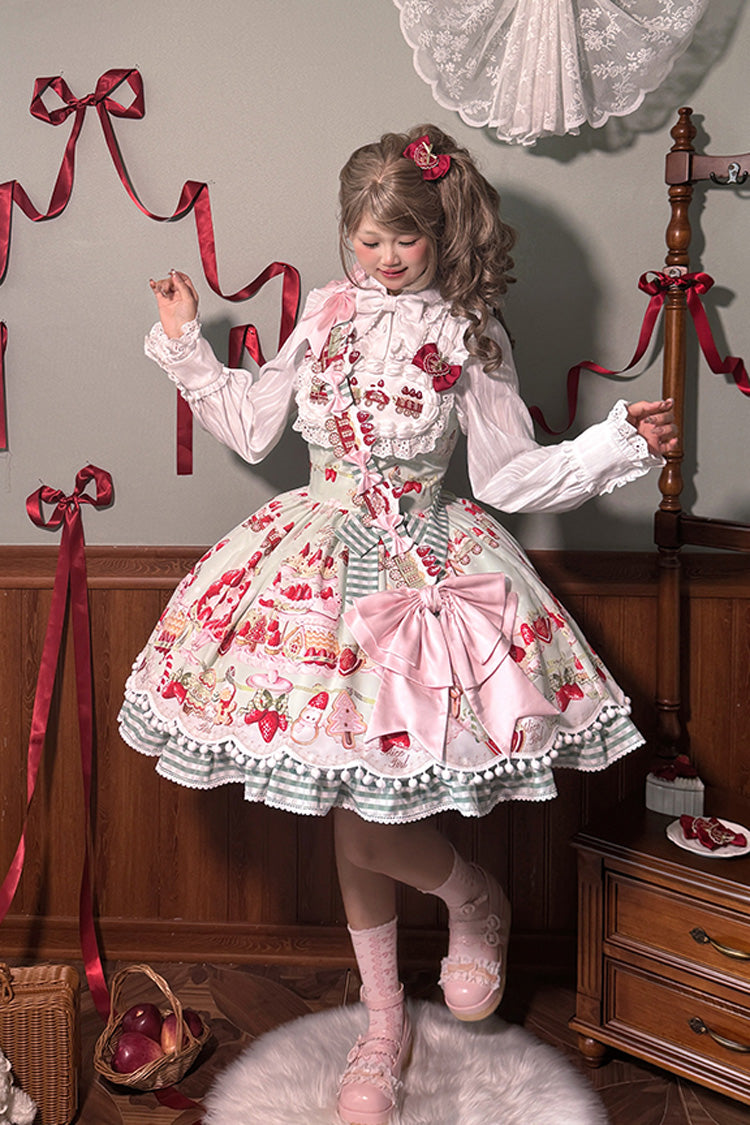 Mint Strawberry Dessert Printed Natural Waist Sweet Lolita JSK Dress - Ruffled
