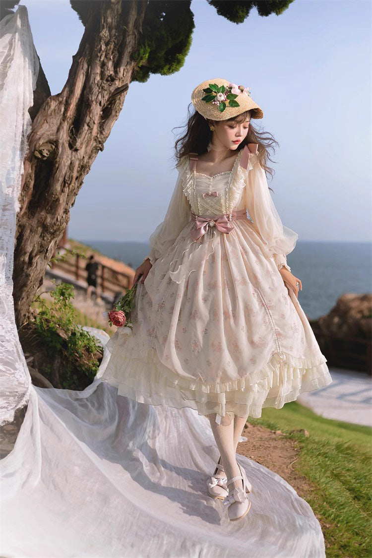 Ivory Letter Print Ruffle Bowknot Casual Elegant Lolita Dress