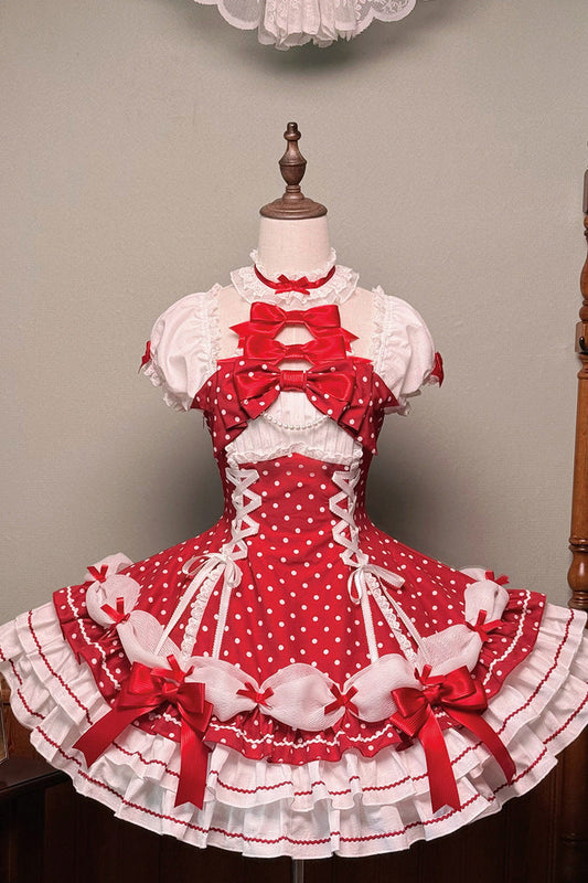 Wine Red Halterneck Short Sleeve Triple-Layered Polka Dot Bow Lace-Up Sweet Dress