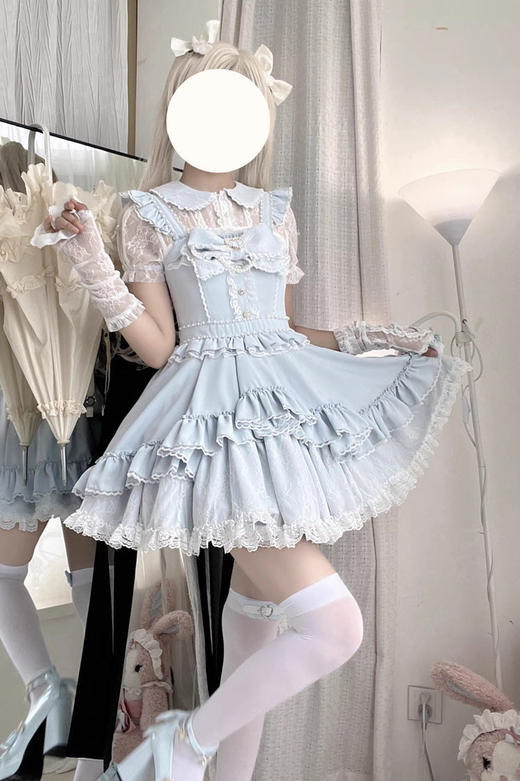 Light Blue Double-Layer Ruffle Bow Lace Sweet Jirai Kei Dress Set