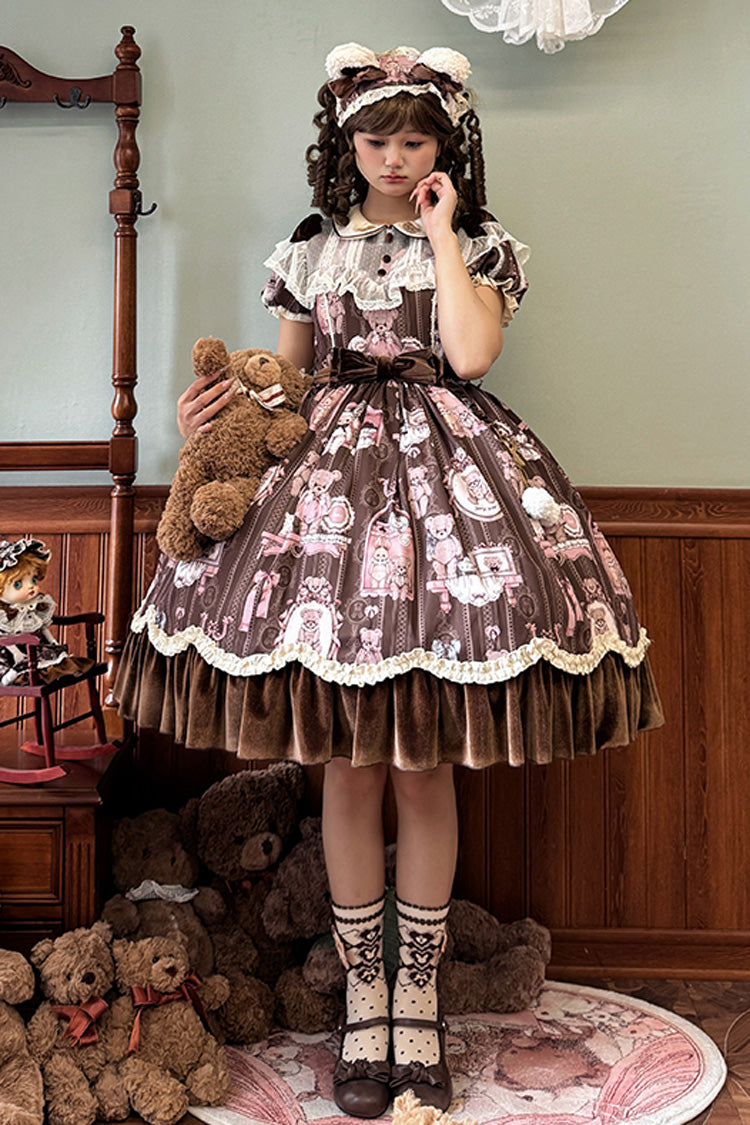 Brown Bear Wall Print Short Sleeves Ruffle Embroidery Bow Sweet Dress