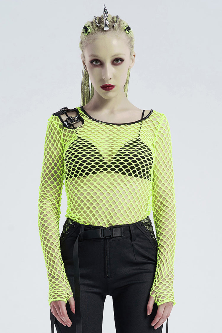 Emerald Punk T-Shirt with Hollow Shoulder and Coarse Mesh Details