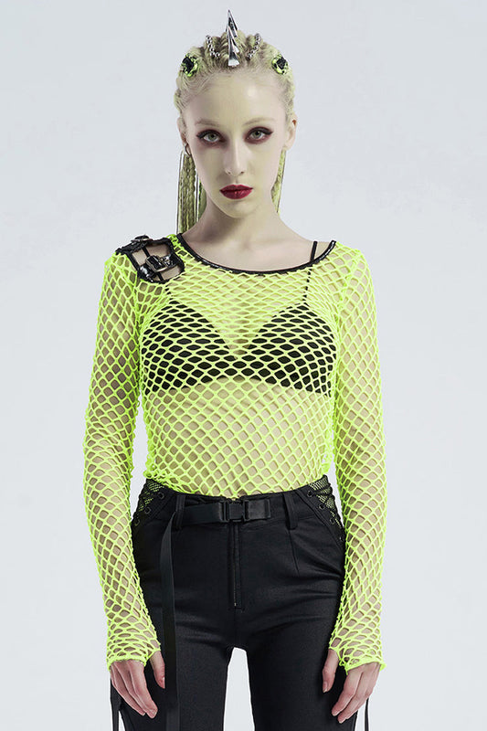 Emerald Punk T-Shirt with Hollow Shoulder and Coarse Mesh Details