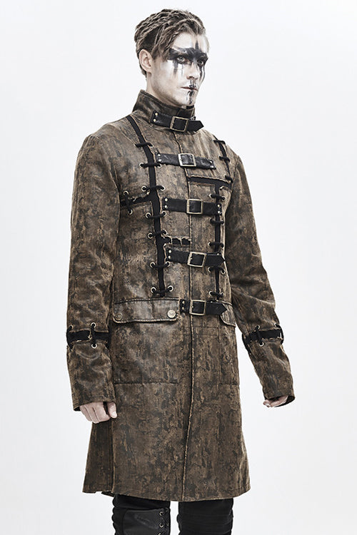 Cocoa Steampunk Patch Long Leather Overcoat for Men