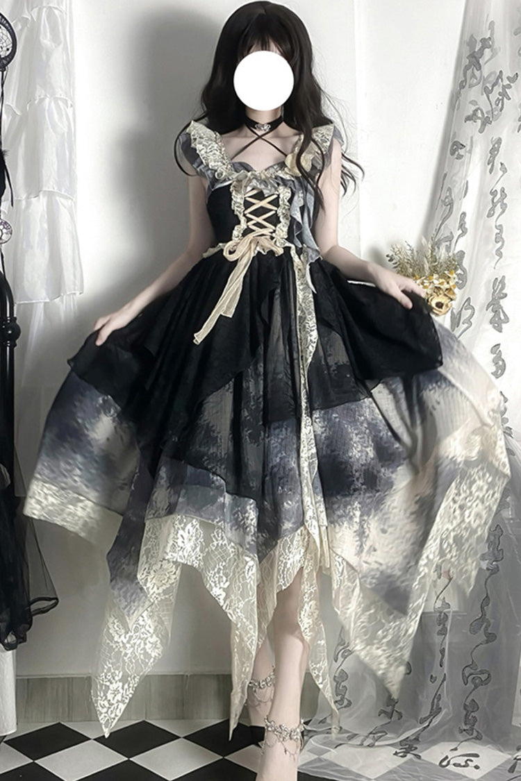 Ink Lace Sleeveless Gown with Poetic Print and Flowing Hem