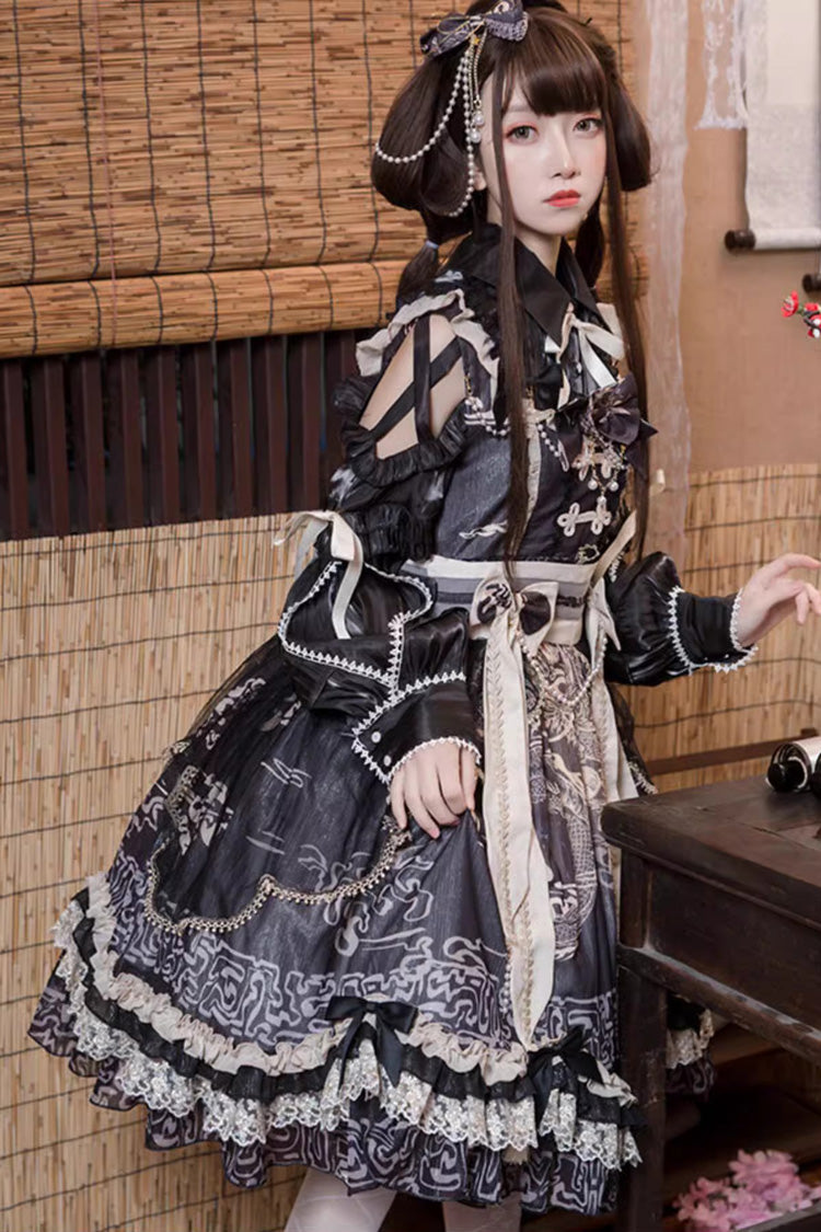 Black Print Ruffle Lace Sweet Chinese Lolita Jsk Dress