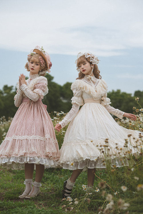 Rose Print Lolita OP Dress with Multi-Layer Ruffles, Sweet Style