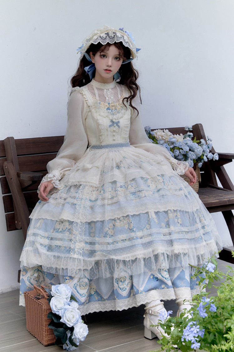 Pastoral Multi-Layered Printed JSK Dress with Embroidery