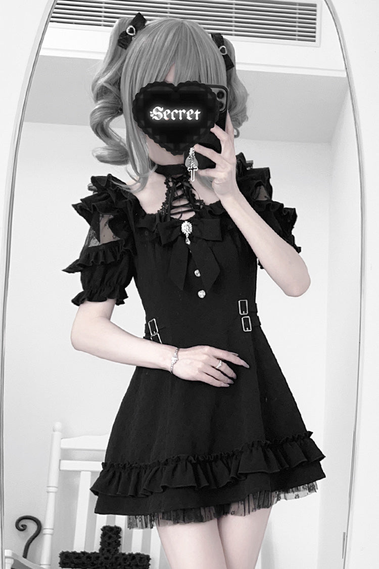 Black/White Halterneck Short Sleeve Ruffle Bowknot Lace Jirai Kei Japanese Gown 2 Colors