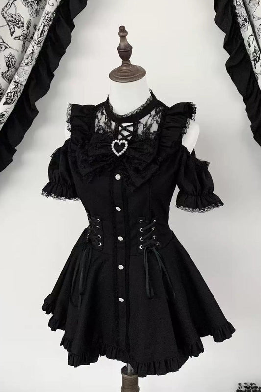 Silver Candle Elegy Gothic Jirai Kei Ruffle Top and Shorts Ensemble