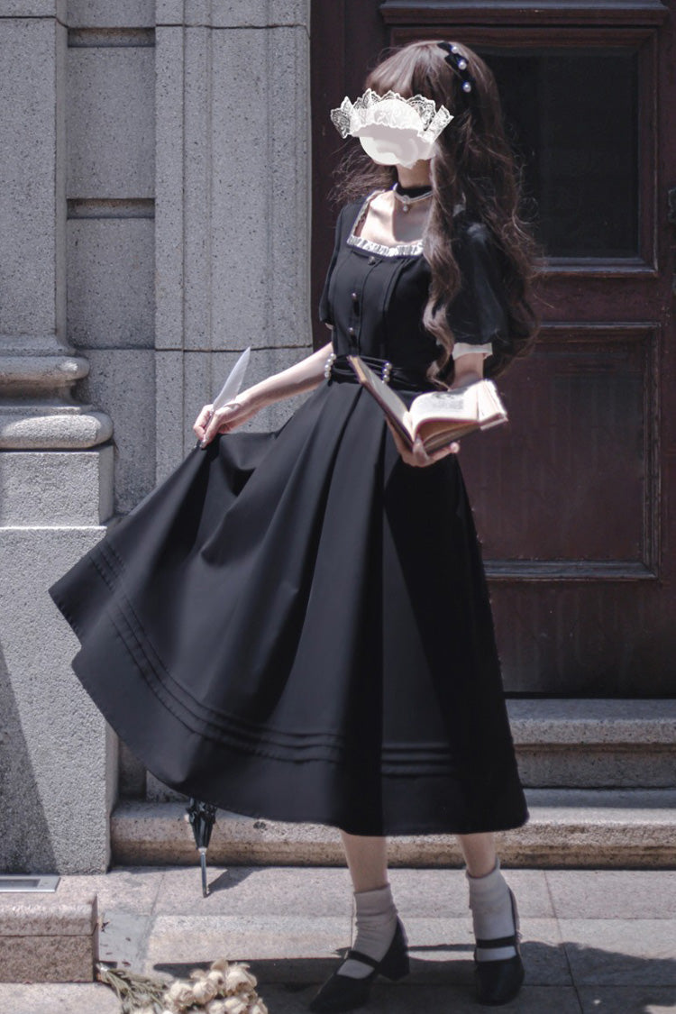 Black Random Thoughts Square Collar Classic Vintage Gown