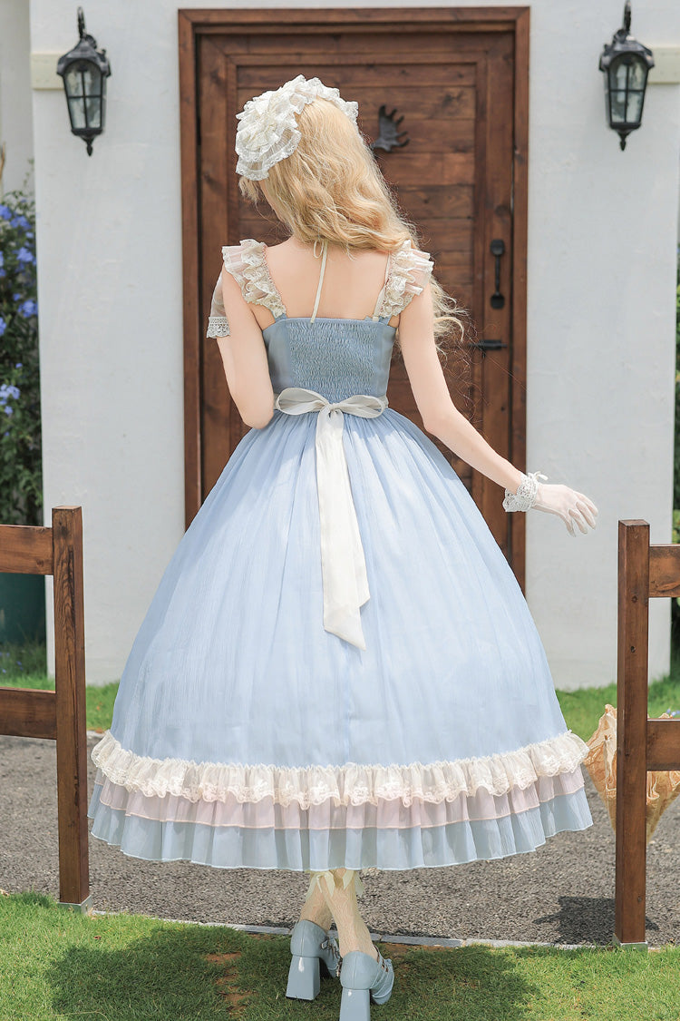 Island Diary Square Collar Flutter Sleeves Triple-Layered Ruffled Lace-Up Sweet Lolita Jsk Dress 2 Versions - Blue