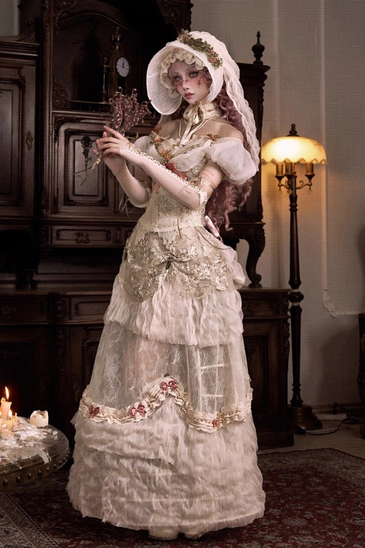 Light Brown Cupid’s Poetry Box Boat Neck Short Puff Sleeves Ruffled Cut-Out Embroidered Bow Lace Gothic Elegant Lolita Skirt Dress and Top Set