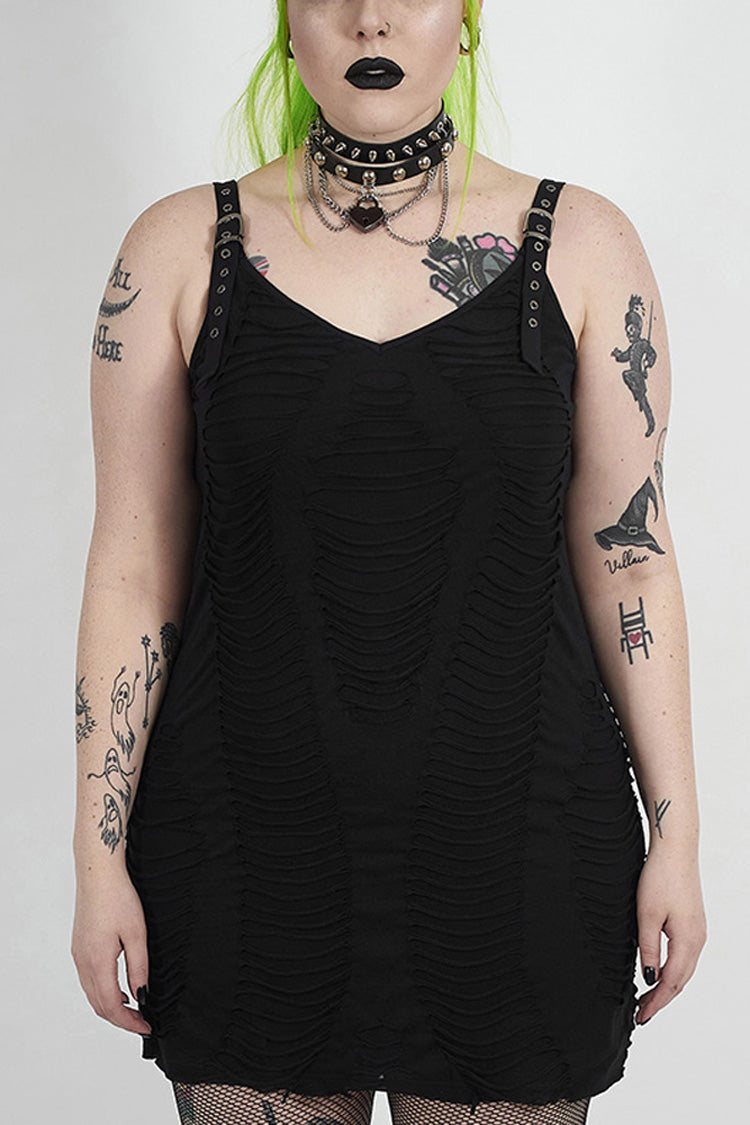 Metal Eyelets Strap Irregular Knit Plus Size Punk Sling Dress