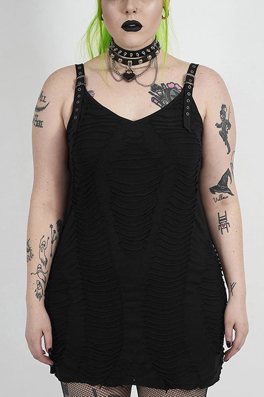 Metal Eyelets Strap Irregular Knit Plus Size Punk Sling Dress