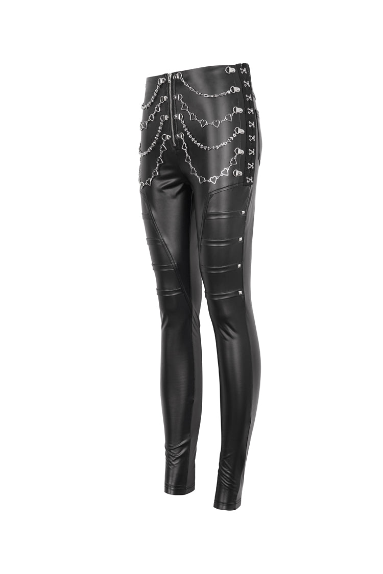 Skinny Faux Leather Punk Pants with Chain Studs for Women
