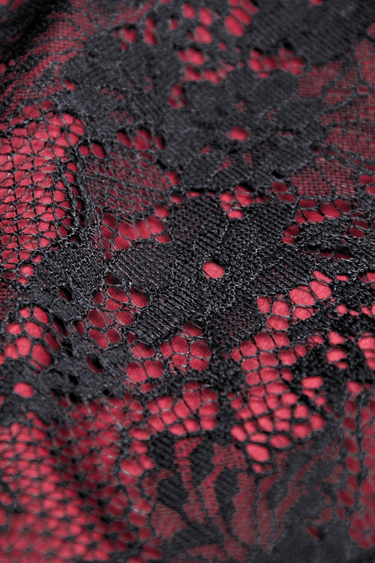 Off-Shoulder Lace-Up Floral Gothic Slip Dress in Dark Red