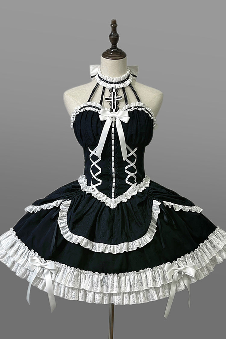 Black Cross Halterneck Lace-Up Gothic Lolita Dress - Princess Ruffled Bowknot
