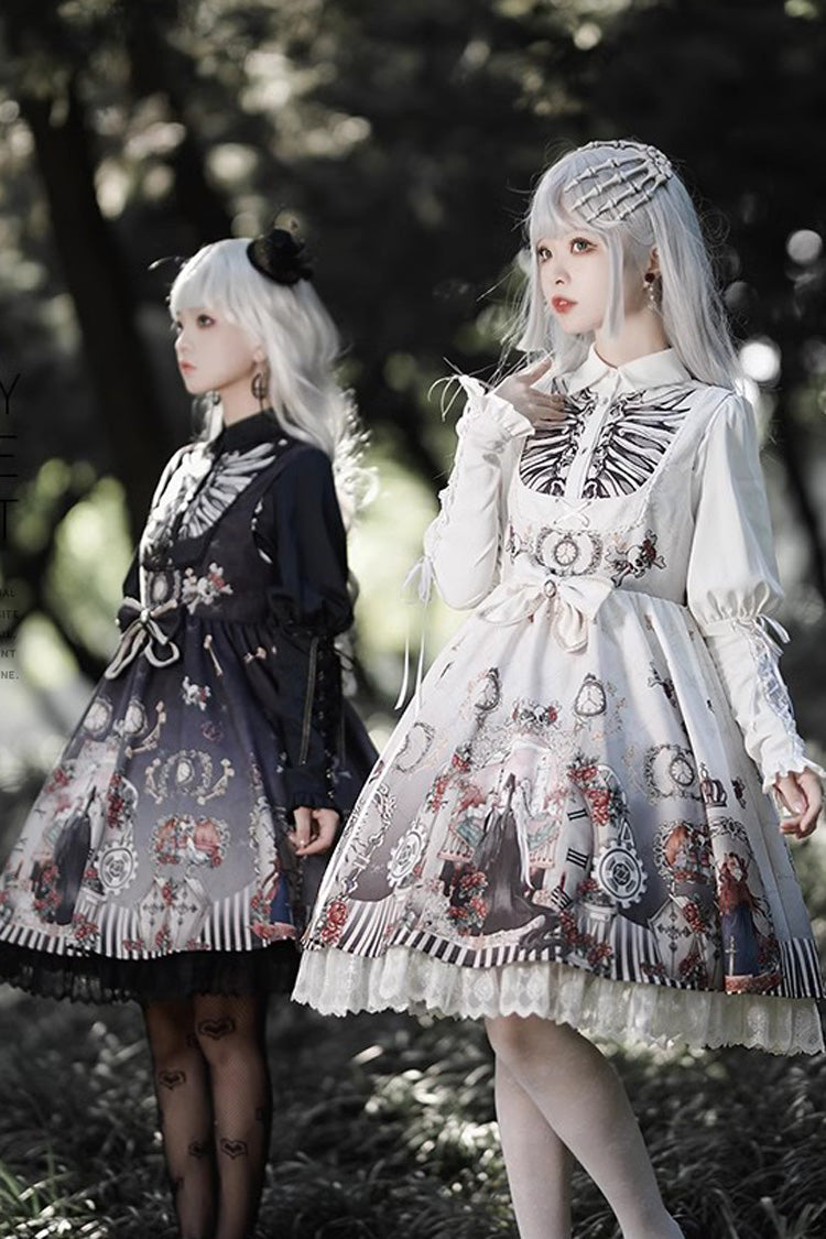 Navy Fairy Tale Print Ruffle Bowknot Gothic Lolita JSK Two-Tone