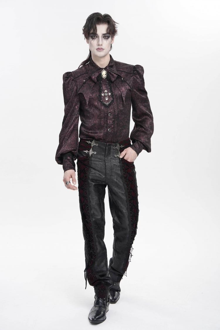 Crimson & Noir Jacquard Lace-Up Slim Velvet Palazzo Trousers for Men