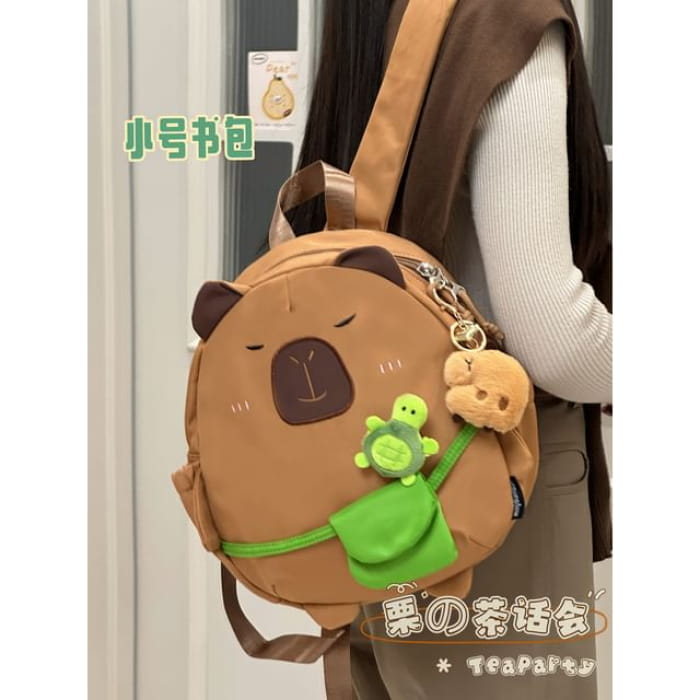 Animal Cartoon Zip Backpack - With Capybara Charm - Coffee