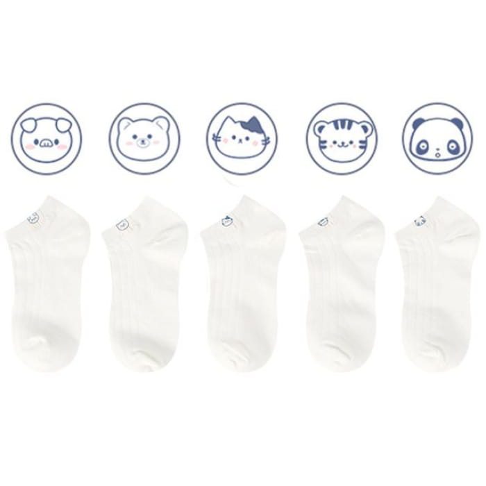 Animal Tag Low Cut Socks Set - Of 5 Pairs - Type A - Almond