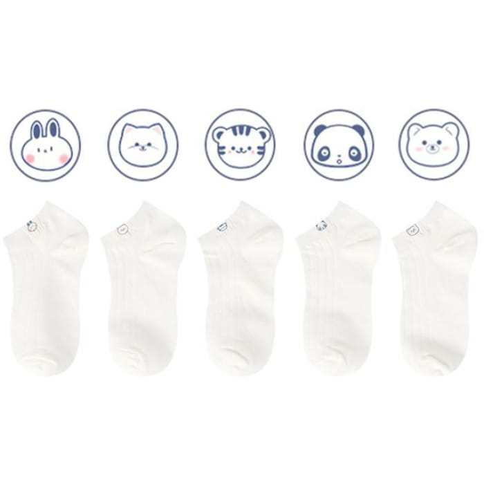 Animal Tag Low Cut Socks Set - Of 5 Pairs - Type B - Almond