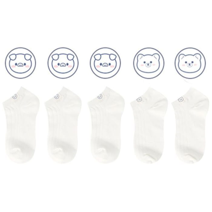 Animal Tag Low Cut Socks Set - Of 5 Pairs - Type C - Almond